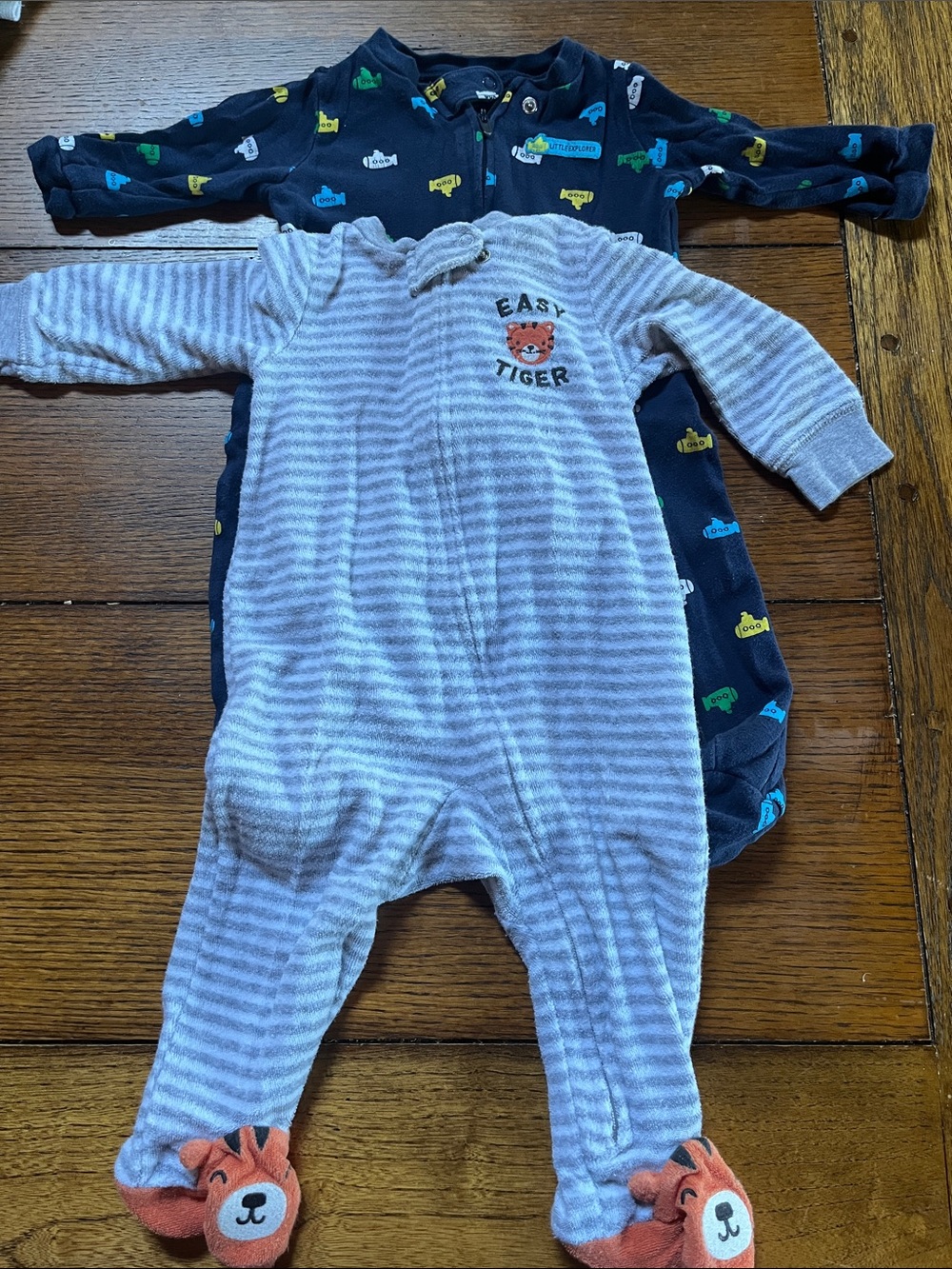 Unbranded Kids Gray Stripe 'Easy Tiger' One-Piece Footed Sleeper set of 2